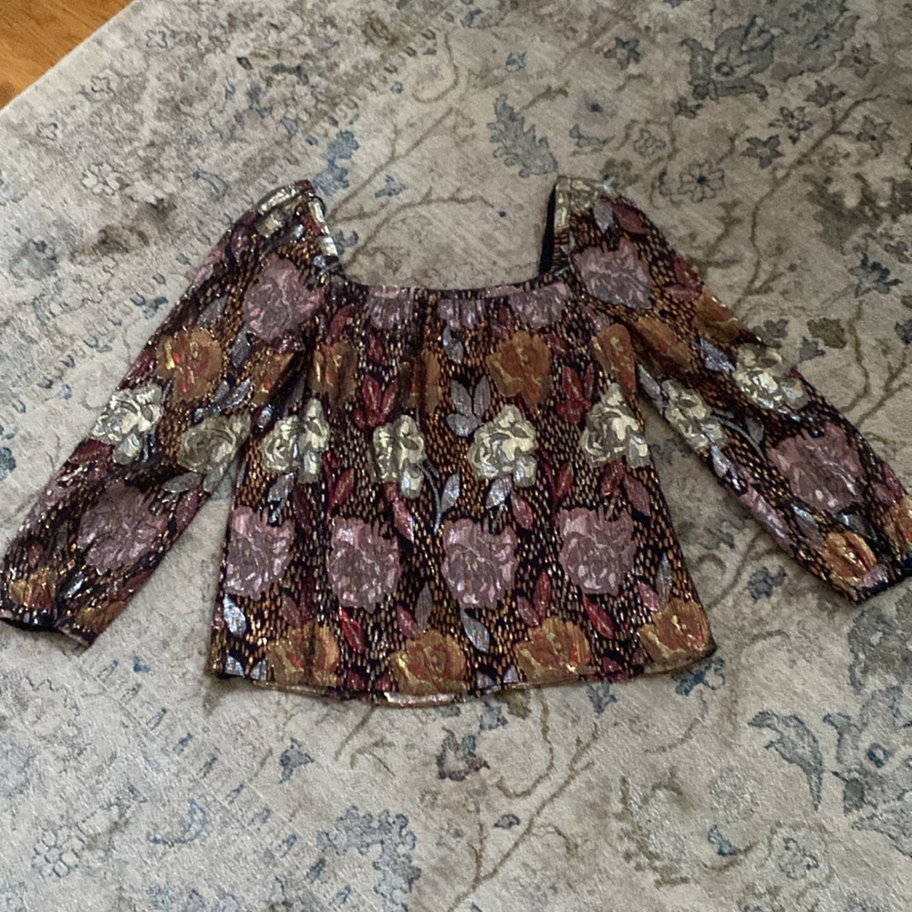 EUC SIZE S REBECCA TAYLOR GLISTENING ROSES SQUARE NECK TOP - Picture 5 of 9